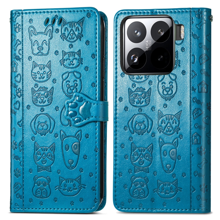 Blue cat-and-dog embossed leather folio phone case, front and back views