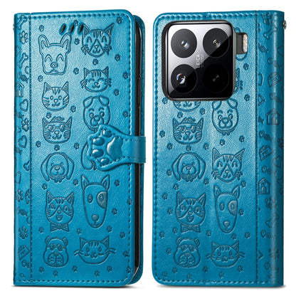 Blue cat-and-dog embossed leather folio phone case, front and back views