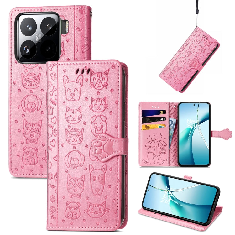 Pink cat-and-dog embossed leather folio phone case with card slots and strap