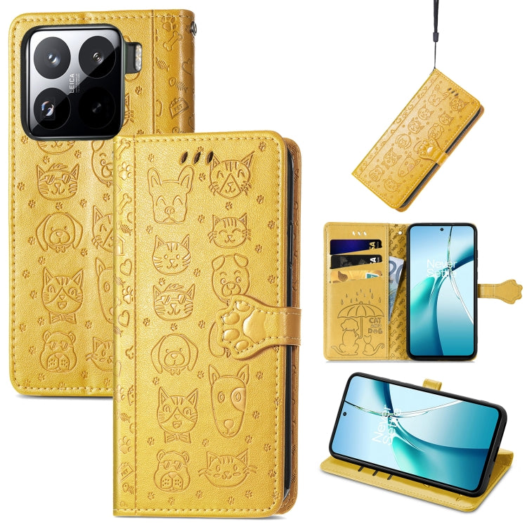 Gold cat-and-dog embossed leather folio phone case with card slots and flip cover