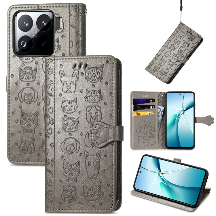 Gray embossed cat/dog leather wallet phone case, flip cover, card slots