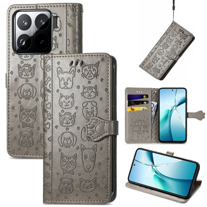 Gray embossed cat/dog leather wallet phone case, flip cover, card slots