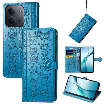 Blue cat-and-dog embossed leather folio phone case with magnetic strap