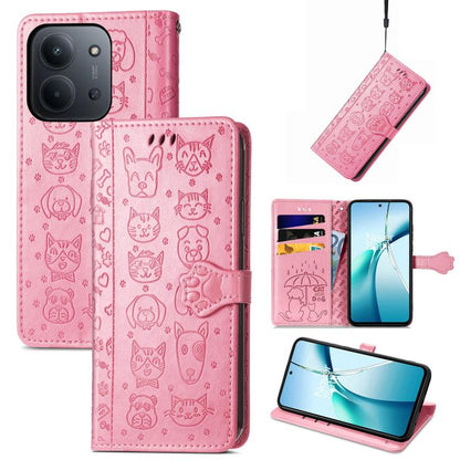 Pink cat-and-dog embossed leather folio phone case with magnetic strap