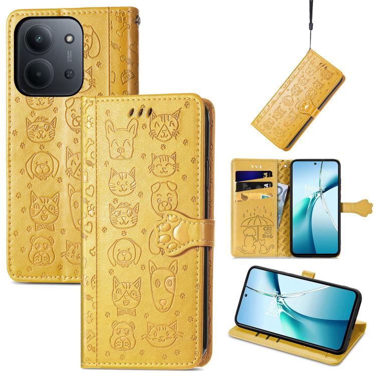 Gold cat-and-dog embossed leather folio phone case with magnetic strap