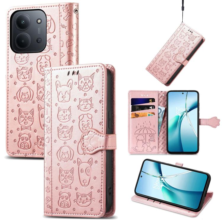 Light pink cat-and-dog embossed leather folio phone case with magnetic strap