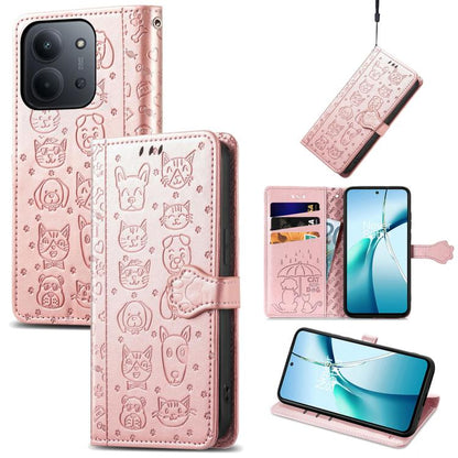 Light pink cat-and-dog embossed leather folio phone case with magnetic strap