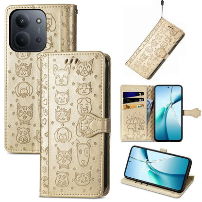 Beige cat-and-dog embossed leather folio phone case with magnetic strap