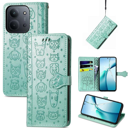 Mint teal cat-and-dog embossed leather folio phone case with magnetic strap