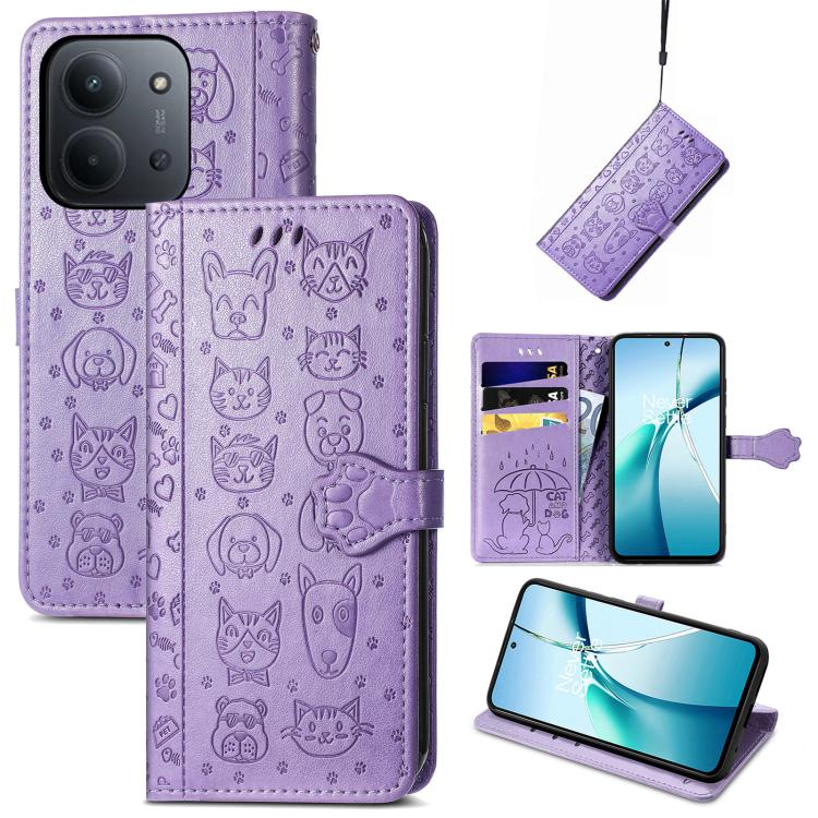 Lavender purple cat-and-dog embossed leather folio phone case with magnetic strap