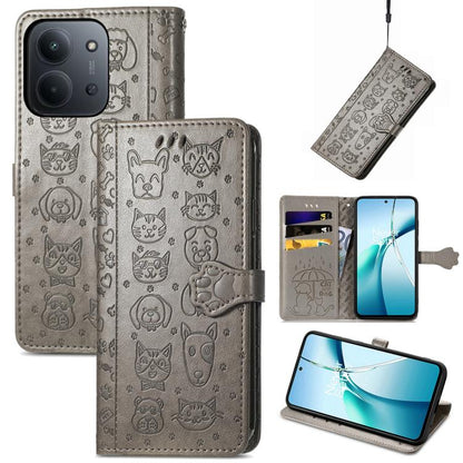 Gray embossed cat and dog wallet phone case with magnetic flap and side cutouts.