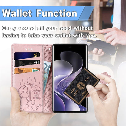 Pink cat and dog embossed wallet phone case with card slots and foldout cover.