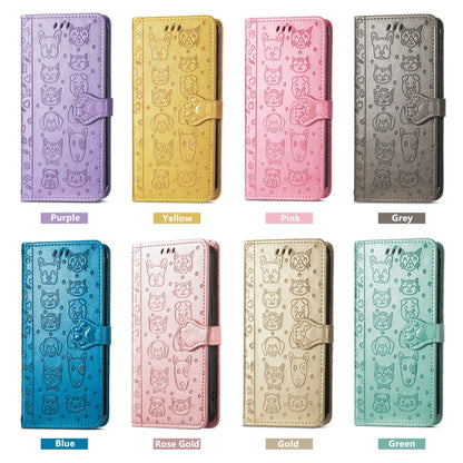 Assorted colors of embossed cat and dog wallet phone cases: purple, yellow, pink, gray, blue, rose gold, gold, green.