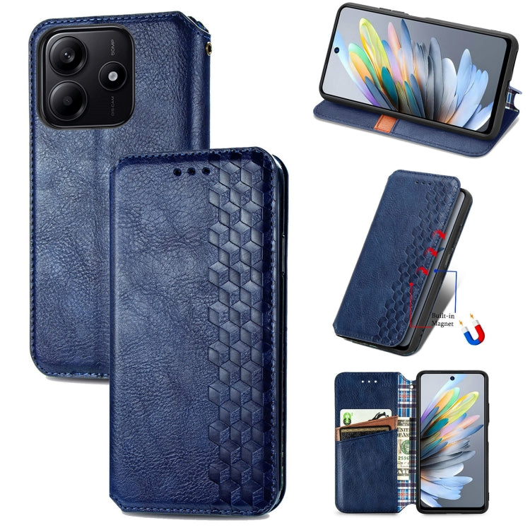 Blue leather phone folio case with magnetic closure and cubic grid texture