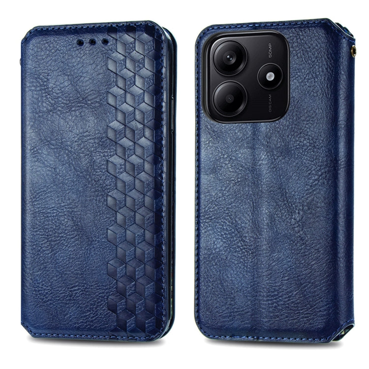 Blue leather magnetic phone case, cubic grid patterned flap and side cutouts