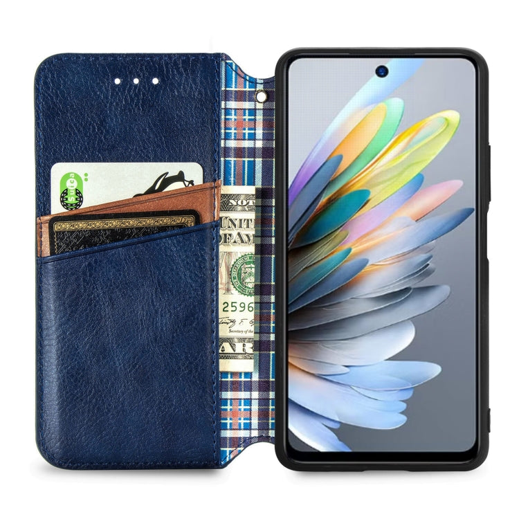 Blue leather magnetic wallet phone case with card slots and cubic grid detail