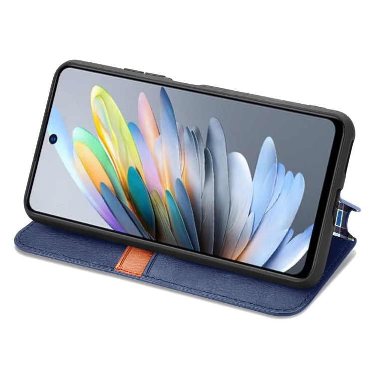 Blue leather folio phone case with magnetic closure, kickstand viewing position