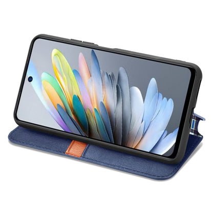 Blue leather folio phone case with magnetic closure, kickstand viewing position