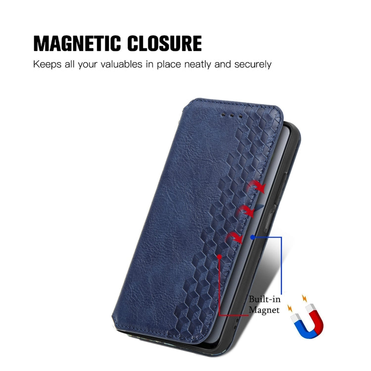Blue leather phone folio with magnetic closure, cubic grid textured front