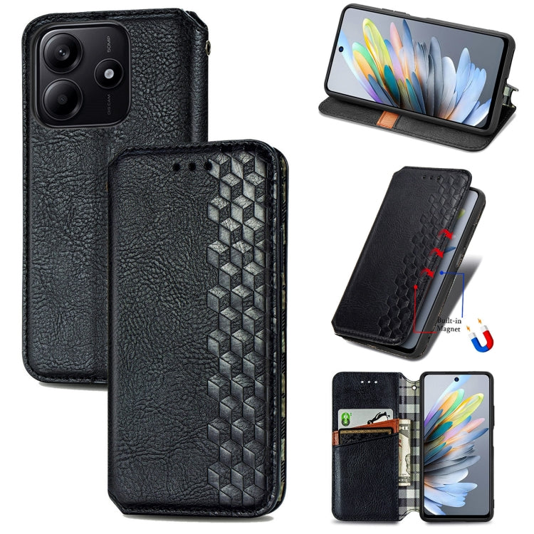 Black leather magnetic phone case with cubic grid embossed flap and card slot
