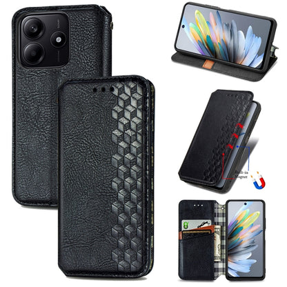 Black leather magnetic phone case with cubic grid embossed flap and card slot