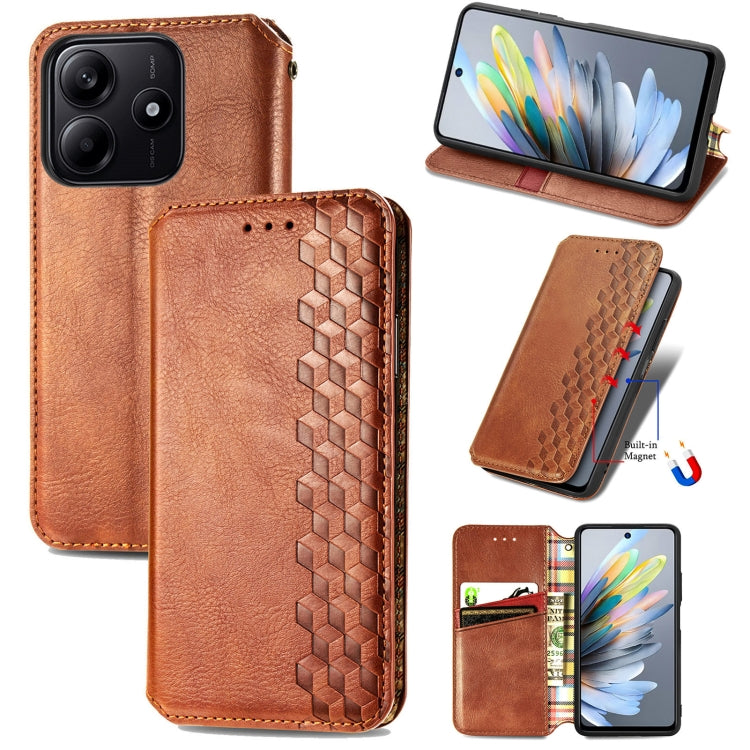 Brown leather magnetic phone folio case with cubic grid embossed front panel