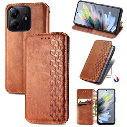 Brown leather magnetic phone folio case with cubic grid embossed front panel