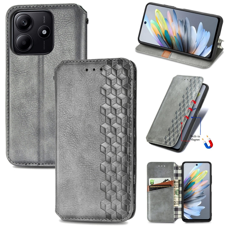 Gray leather magnetic phone case with cubic grid embossed front and card slot