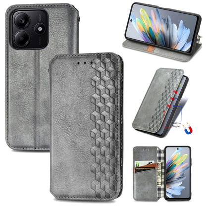 Gray leather magnetic phone case with cubic grid embossed front and card slot