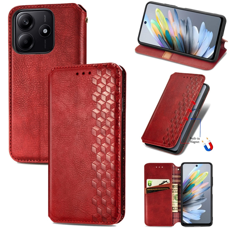 Red leather magnetic phone folio case with cubic grid embossed front and card slot