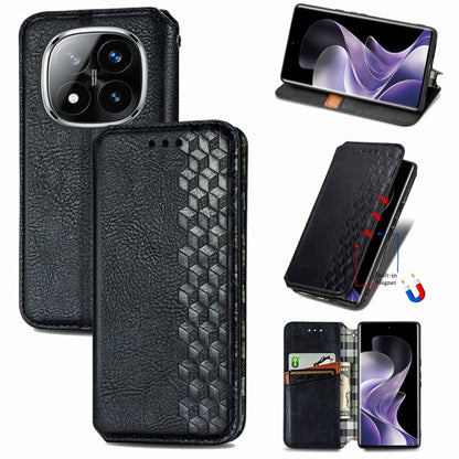 Black leather phone case, cubic grid embossed, magnetic flip closure