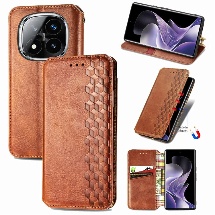 Brown leather phone case, cubic grid embossed, magnetic flip closure
