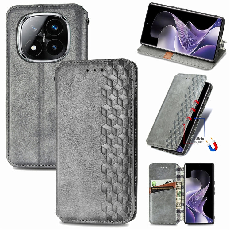 Gray magnetic leather phone case with embossed cubic grid pattern and camera cutout