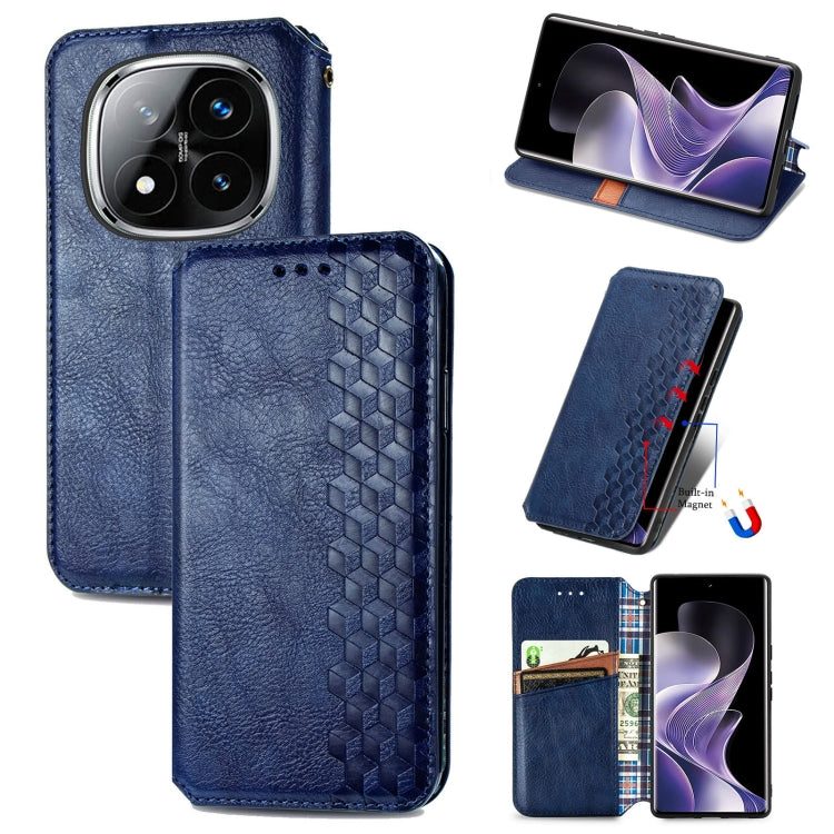 Blue leather phone case, cubic grid embossed, magnetic flip closure