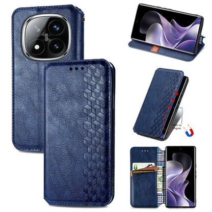 Blue leather phone case, cubic grid embossed, magnetic flip closure