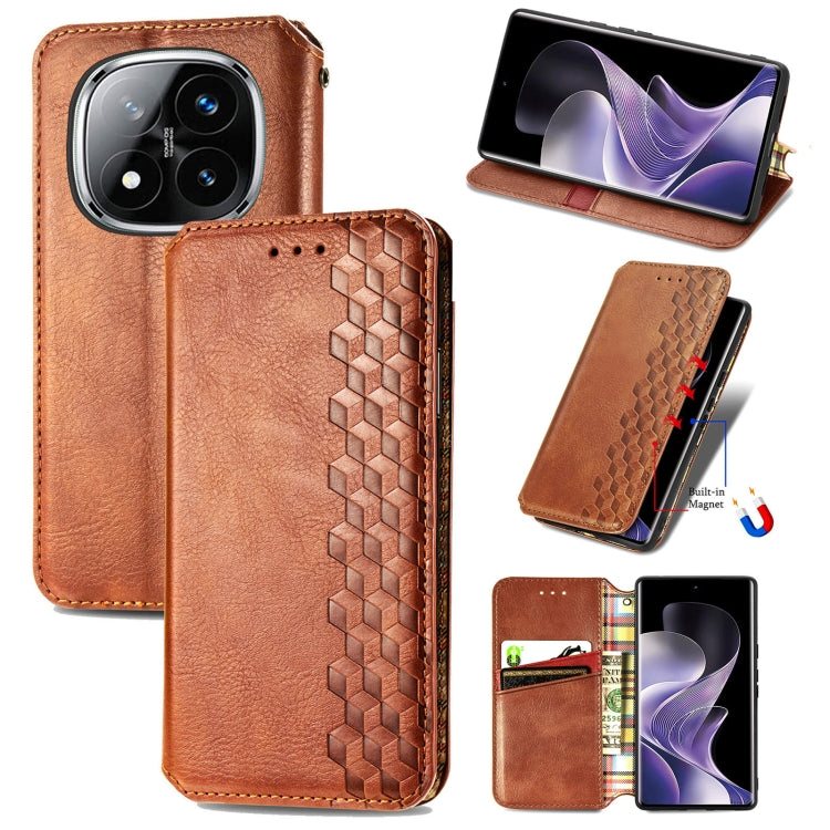 Brown leather phone case, cubic grid embossed, magnetic flip closure