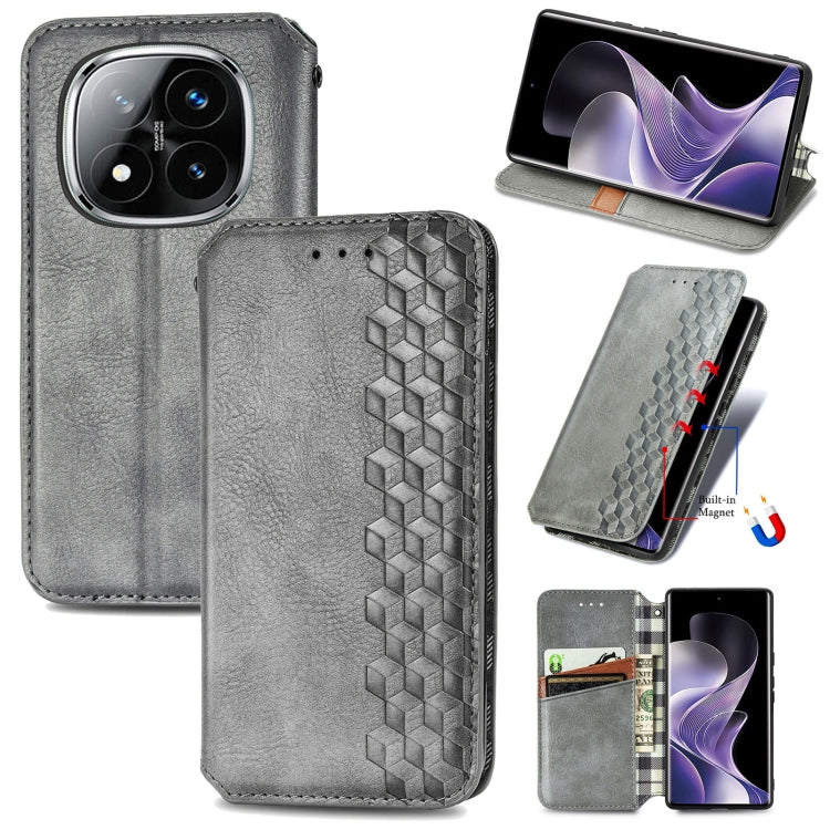 Gray leather phone case, cubic grid embossed, magnetic flip closure