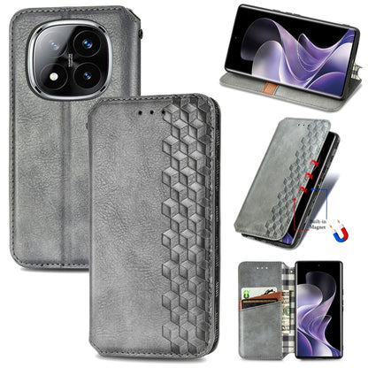 Gray leather phone case, cubic grid embossed, magnetic flip closure