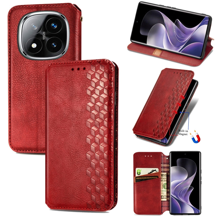 Red leather phone case, cubic grid embossed, magnetic flip closure