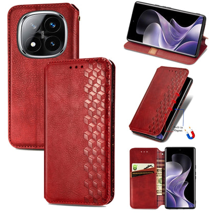 Red leather phone case, cubic grid embossed, magnetic flip closure