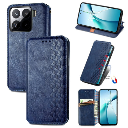 Blue leather wallet phone case with cubic grid embossed panel and camera cutouts