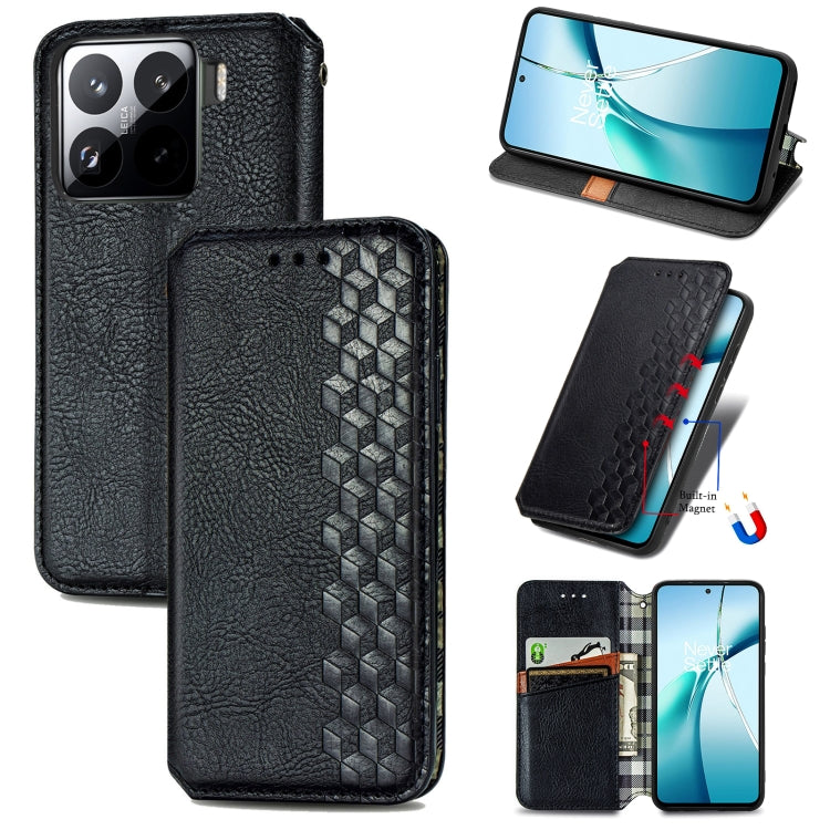 Cubic grid pressed magnetic leather phone case with folio cover, black