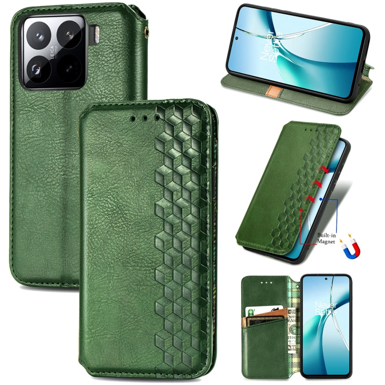 Cubic grid pressed magnetic leather phone case with folio cover, green