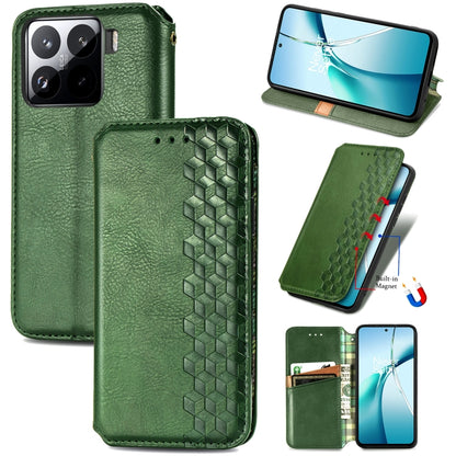 Cubic grid pressed magnetic leather phone case with folio cover, green
