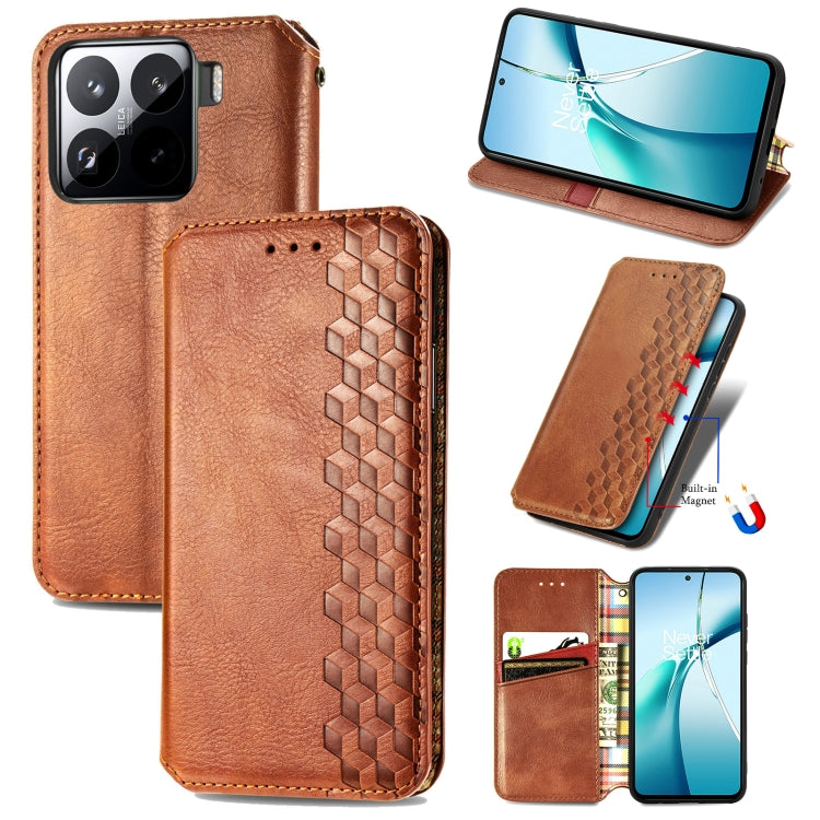 Brown leather wallet phone case with cubic grid embossed front and fold-out stand