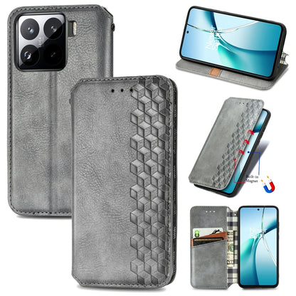 Gray leather wallet phone case with cubic grid embossed panel and card slots