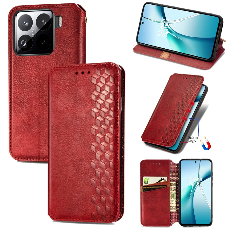 Red leather wallet phone case with cubic grid embossed front and fold-out stand