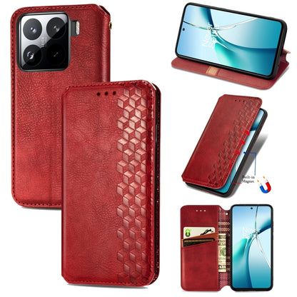 Red leather wallet phone case with cubic grid embossed front and fold-out stand