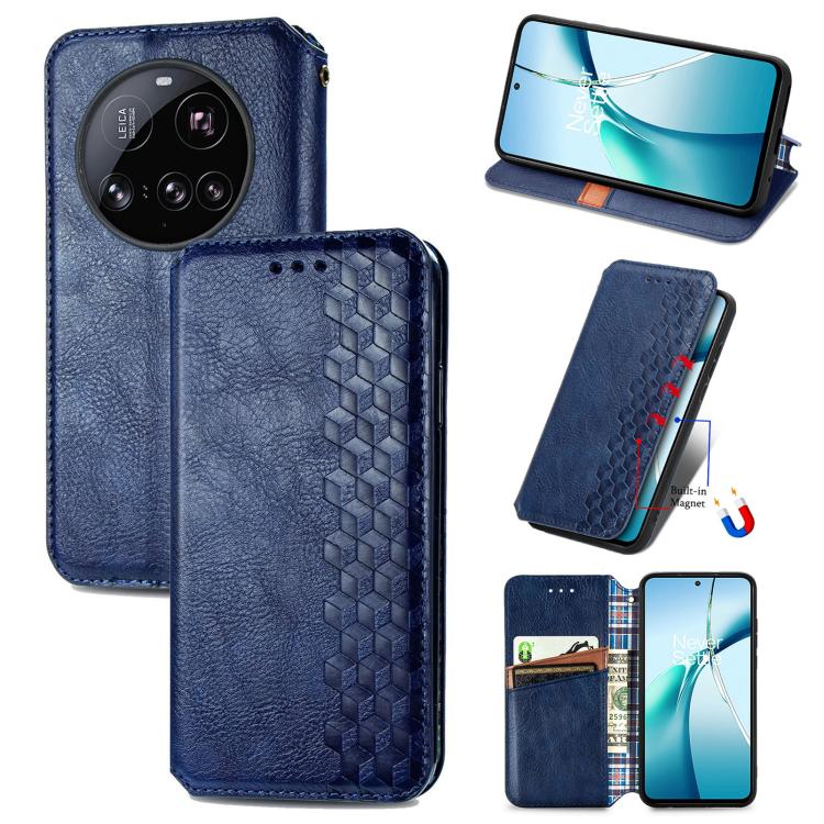 Magnetic leather phone case, blue flip cover with cubic grid texture and card slot