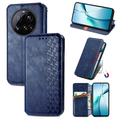 Magnetic leather phone case, blue flip cover with cubic grid texture and card slot